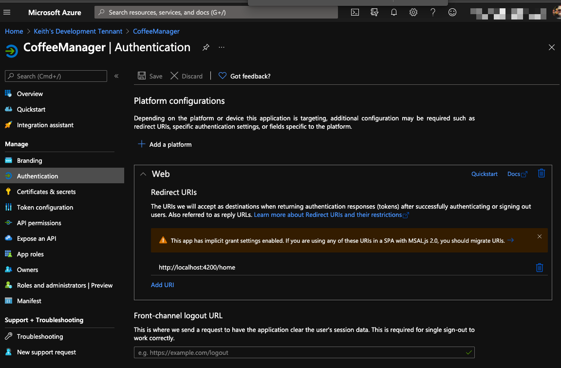 "Coffee Manager - Azure Portal Authentication settings"